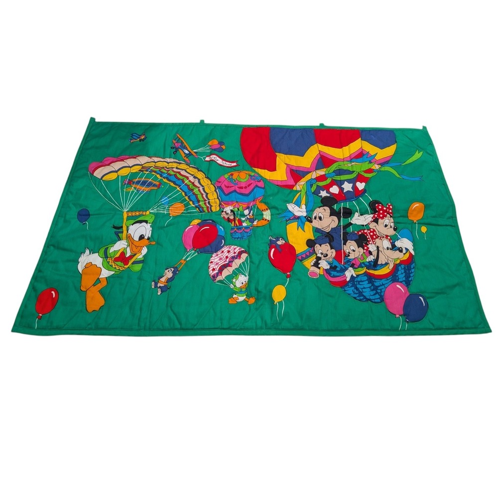 Vintage Disney Mickey Mouse & Friends Quilted Wall Hanging Hot Air Balloon Green